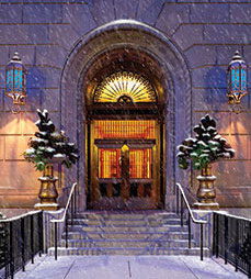 Back Bay Hotel summer evening scene turned into snowing in winter scene for holiday card